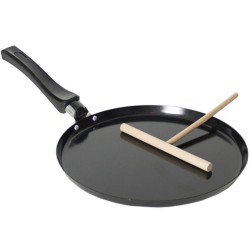 Zwarte pannenkoekenpan/crepepan 24 cm met anti-aanbak laag en houten beslag verdeler - Wokpannen