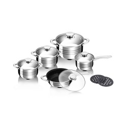 Swiss Pro+ 12-delige 201 Roestvrijstalen Kookgerei met Onderzetters en Marmeren Koekenpan